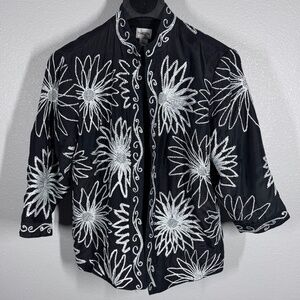 Chico’s Women's Silk Jacket w/Silver Floral Embroidery – Open Front, 3/4 Sleeves